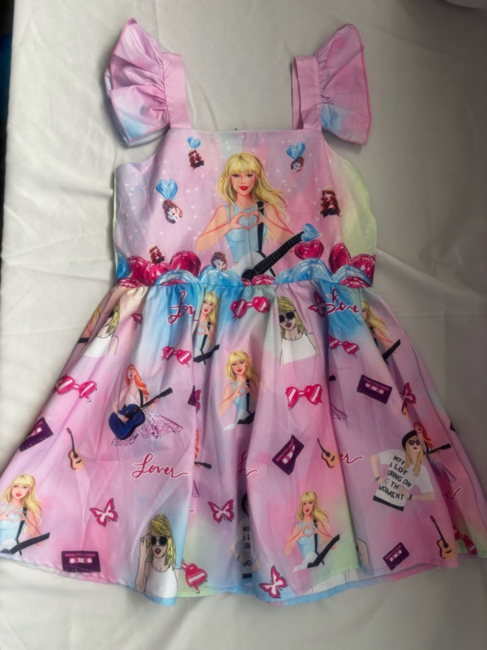 Girls' Pink Multi-Print Flutter Sleeve Dress - Licensed Character Style